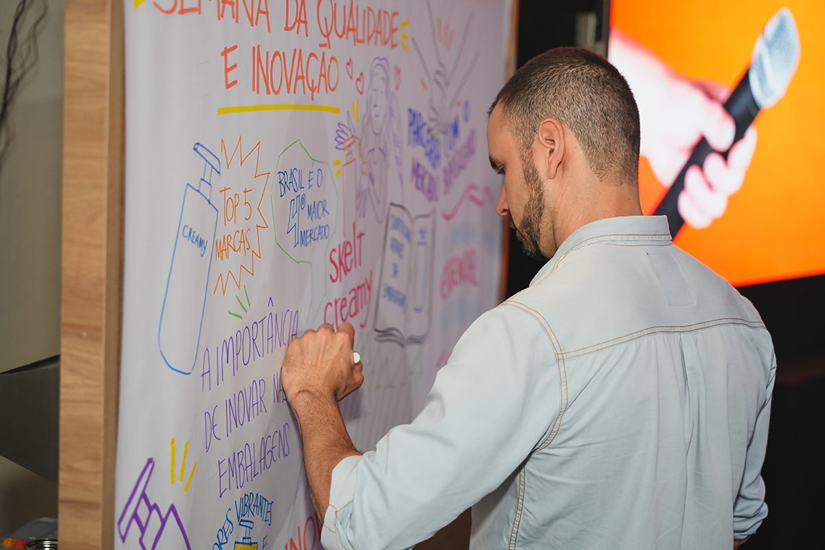 Alex Cói desenhando ao vivo um painel de facilitação gráfica sobre qualidade e inovação, durante um evento.