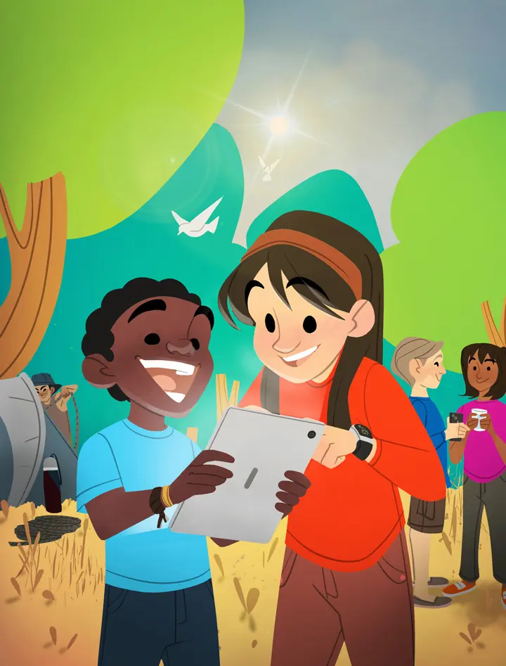 Ilustração de capa com duas crianças sorrindo olhando um tablet.