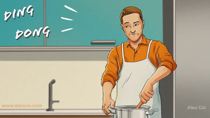 Personagem cozinhando em uma cozinha, em estilo de ilustração digital.