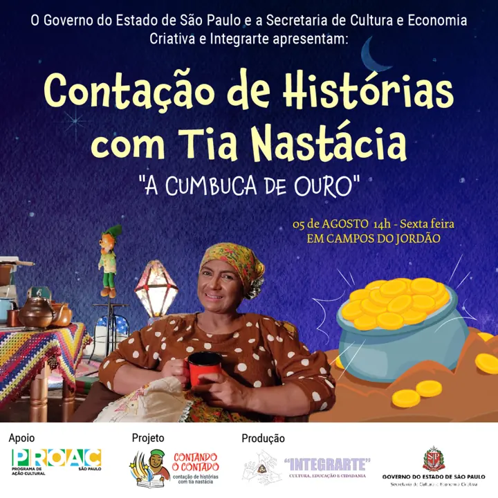 Cartaz ilustrado de contação de histórias com uma contadora e um pote de moedas de ouro.