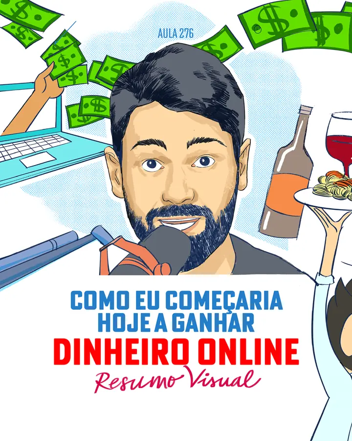 Capa de resumo visual com caricatura de um homem e notas de dinheiro voando.