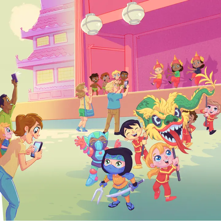 Ilustração colorida de crianças fantasiadas em um festival com dragão chinês.