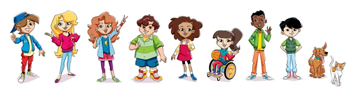 Série de personagens infantis diversos lado a lado, incluindo uma criança em cadeira de rodas.