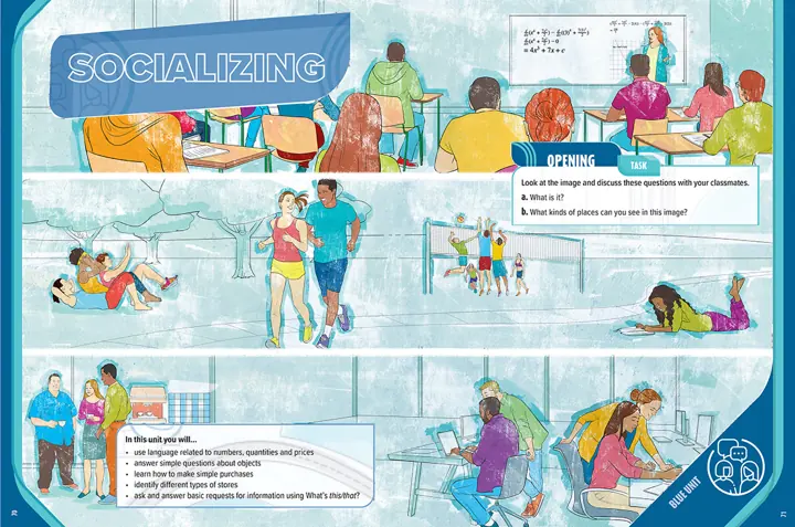 Ilustração didática de jovens socializando em vários ambientes, para livro de inglês.