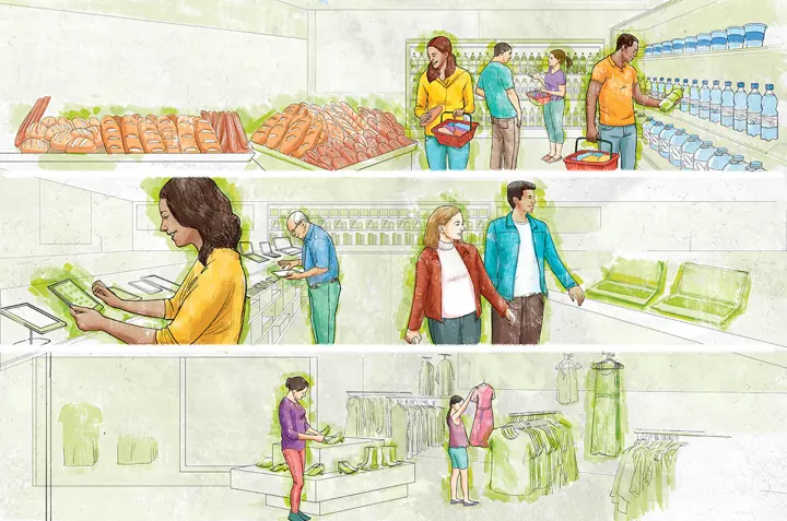 Ilustração de supermercado com várias pessoas fazendo compras, para material didático.
