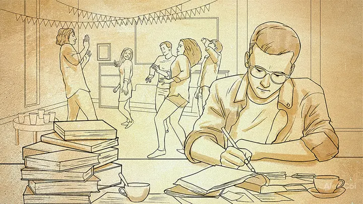 Quadro de storyboard em tons de sépia com um homem escrevendo à mesa e uma festa ao fundo.