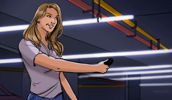 Quadro de storyboard com uma mulher sorrindo segurando a chave de um carro.