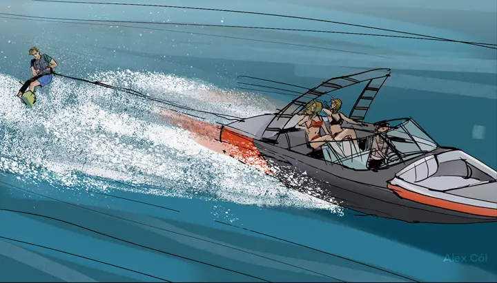 Quadro de storyboard com uma lancha em alta velocidade puxando um praticante de wakeboard.